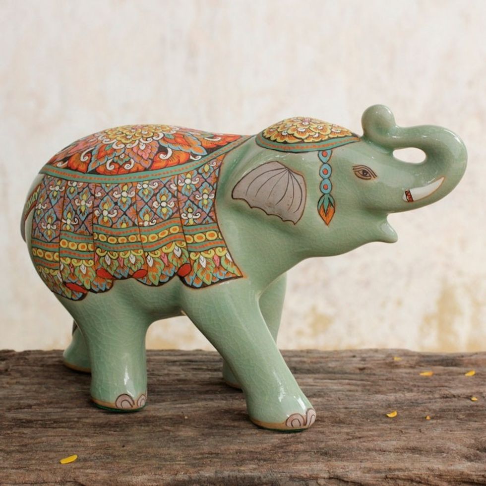 Green Celadon Ceramic Elephant Handcrafted in Thailand 'Trumpeting Elephant'