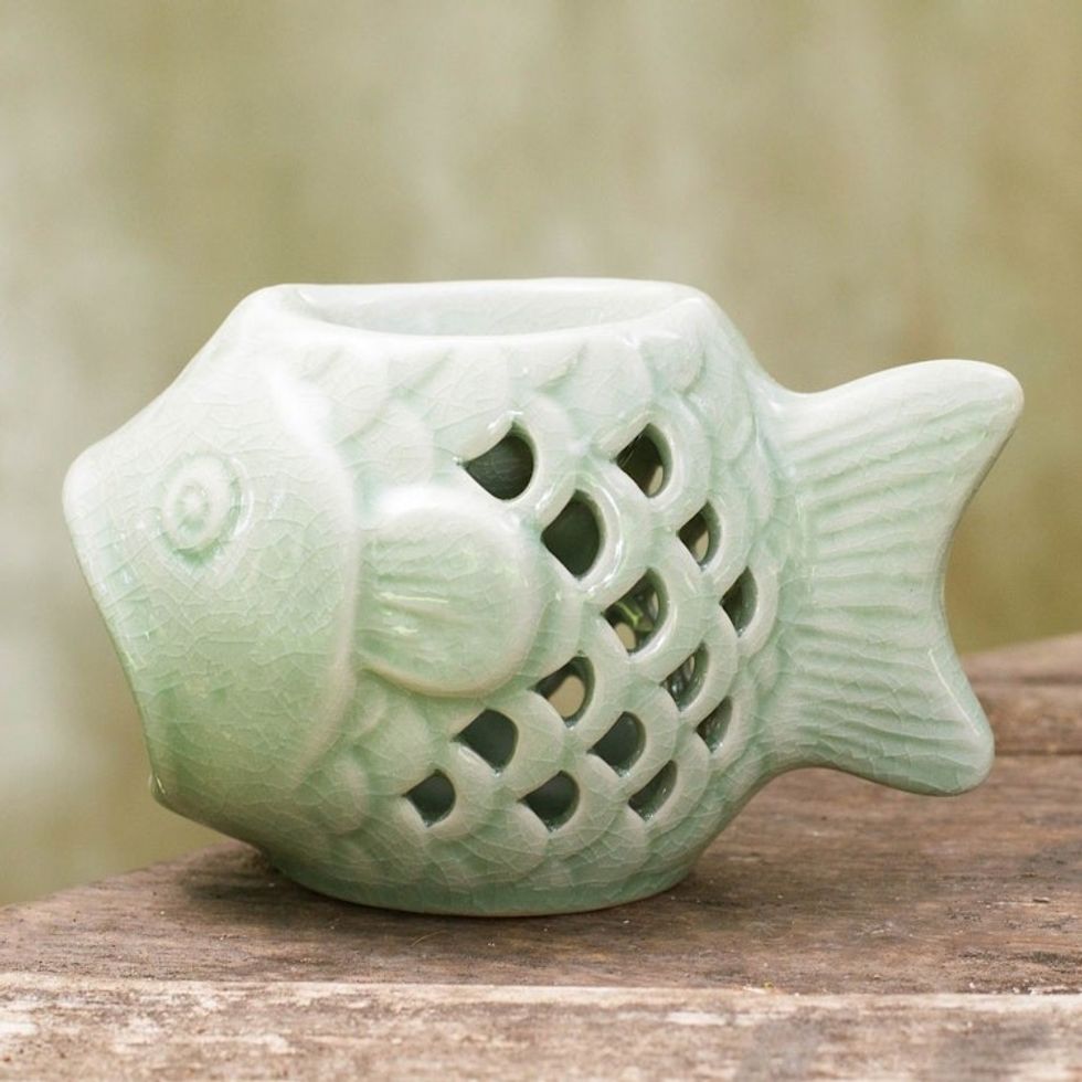 Handcrafted Ceramic Clay Oil Warmer Green Fish from Thailand 'Hello Fish'