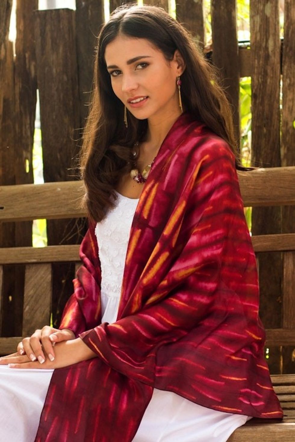 Hand Woven Red Pink and Yellow Tie Dyed Silk Shawl 'Mekong River'