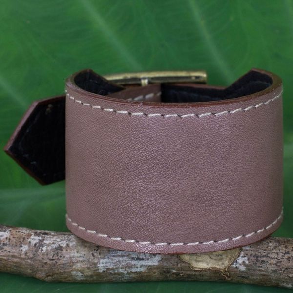 Alternate image for Thai Handcrafted Leather Wristband in Grey-Brown Courage in Versatile Brown