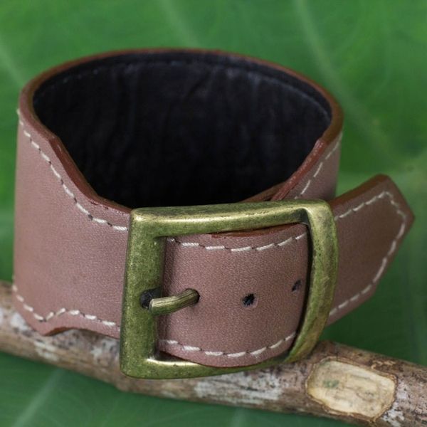 Alternate image for Thai Handcrafted Leather Wristband in Grey-Brown Courage in Versatile Brown