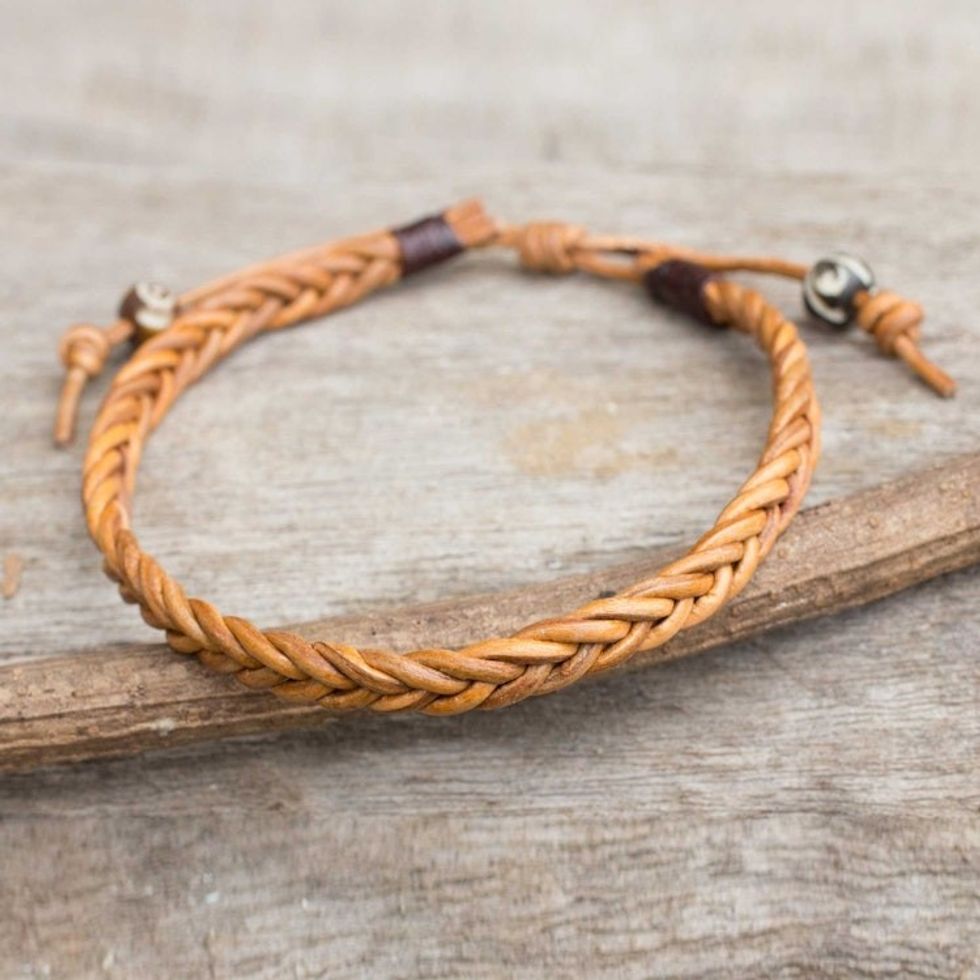 Men's Braided Light Brown Leather Bracelet from Thailand 'Friends and Brothers'