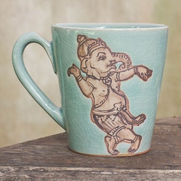 Alternate image for Light Blue Celadon Ceramic Dancing Ganesha Mug from Thailand Whimsical Ganesha