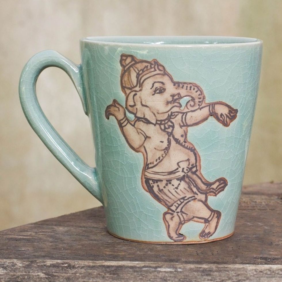 Light Blue Celadon Ceramic Dancing Ganesha Mug from Thailand 'Whimsical Ganesha'