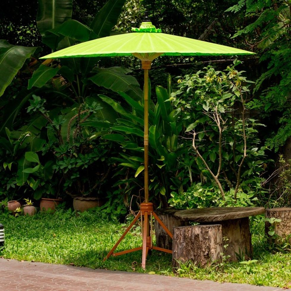 Lime Green Garden Umbrella Crafted of Cotton and Bamboo 'Happy Garden in Bright Green'