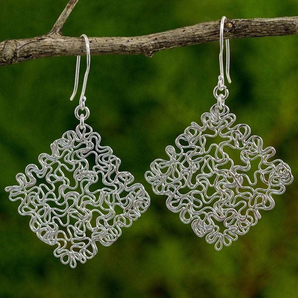 Hand Crafted Abstract Sterling Silver Dangle Earrings 'Freedom Square'