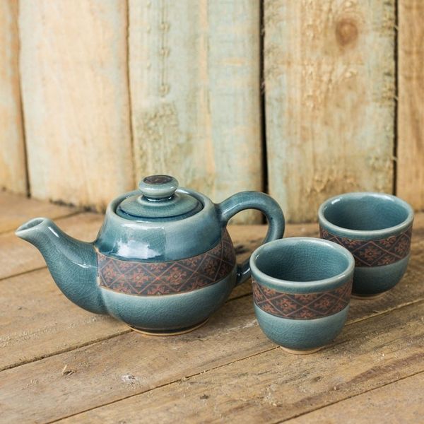 Alternate image for Blue Celadon Tea Set Handmade in Thailand Set for 2 Thai Weave Inspiration