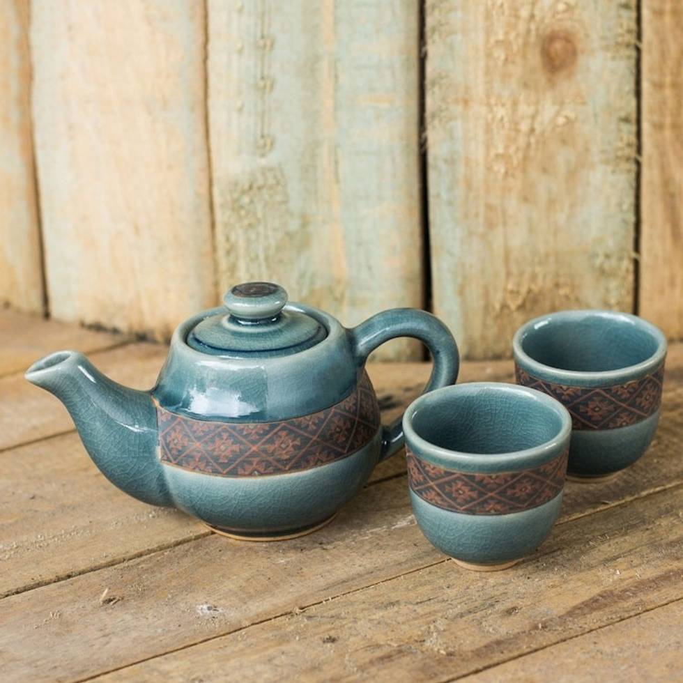 Blue Celadon Tea Set Handmade in Thailand Set for 2 'Thai Weave Inspiration'