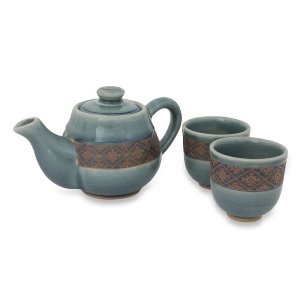 Alternate image for Blue Celadon Tea Set Handmade in Thailand Set for 2 Thai Weave Inspiration