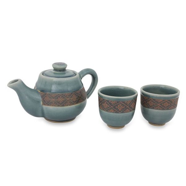 Alternate image for Blue Celadon Tea Set Handmade in Thailand Set for 2 Thai Weave Inspiration