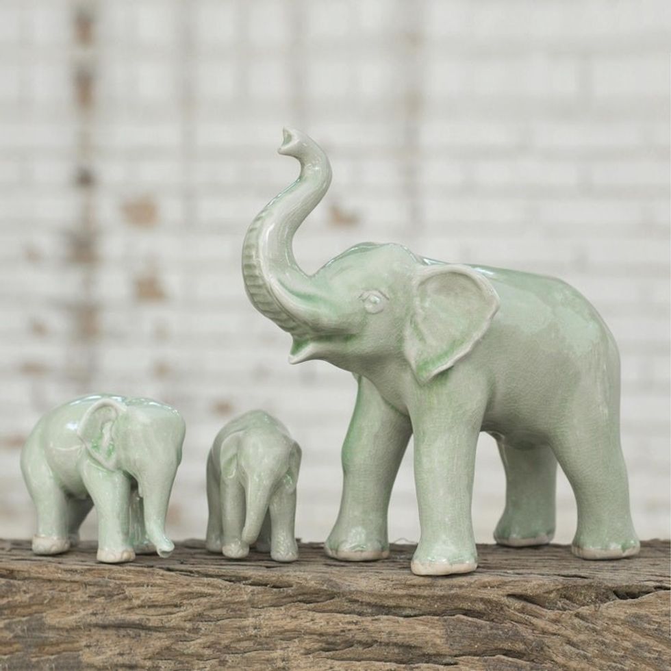 Celadon Elephant and Babies Ceramic Statuettes Set of 3 'Sweet Elephant Family in Green'