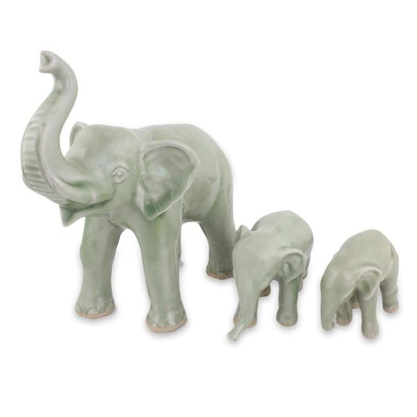 Alternate image for Celadon Elephant and Babies Ceramic Statuettes Set of 3 Sweet Elephant Family in Green