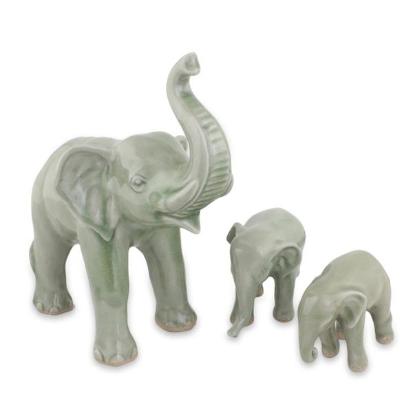 Alternate image for Celadon Elephant and Babies Ceramic Statuettes Set of 3 Sweet Elephant Family in Green