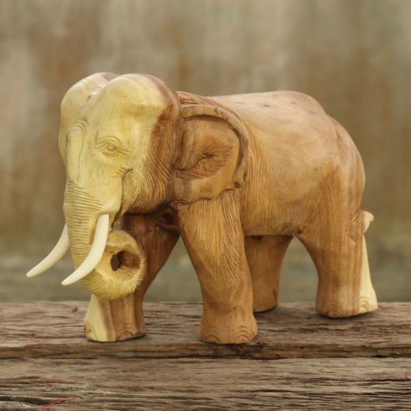 Alternate image for Thai Hand Carved Rain Tree Wood Elephant Statuette Kindly Elephant