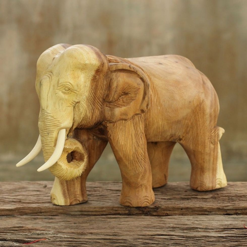Thai Hand Carved Rain Tree Wood Elephant Statuette 'Kindly Elephant'