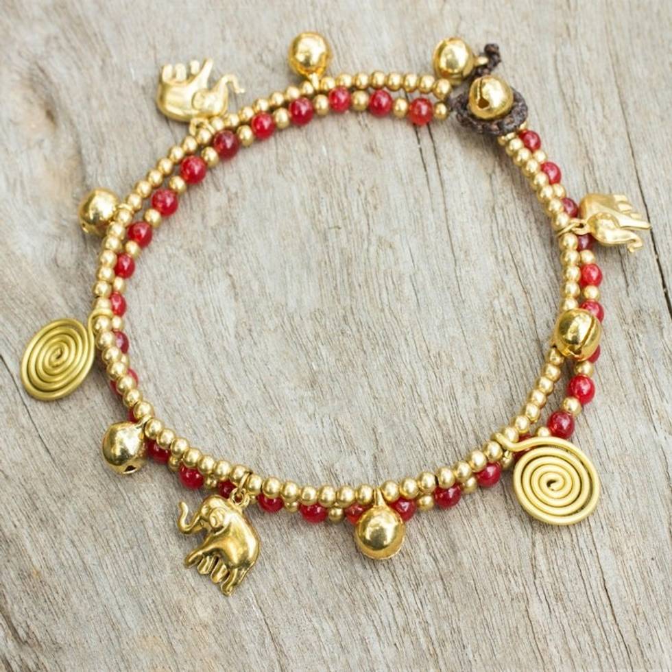 Red Quartz Charm Anklet with Brass Beads and Bells 'Elephant Bells'