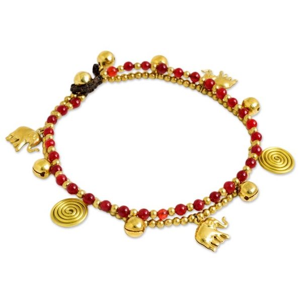 Alternate image for Red Quartz Charm Anklet with Brass Beads and Bells Elephant Bells