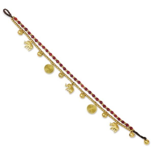 Alternate image for Red Quartz Charm Anklet with Brass Beads and Bells Elephant Bells