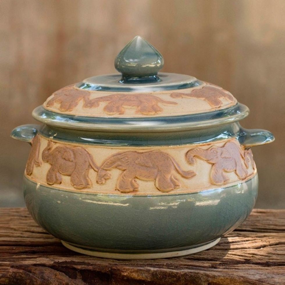Handcrafted Blue Thai Celadon Covered Bowl 'Blue Elephant Walk'