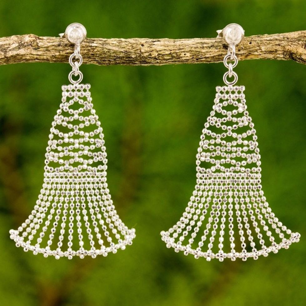 Fan Shaped Sterling Silver Dangle Earrings from Thailand 'Flowing Dresses'