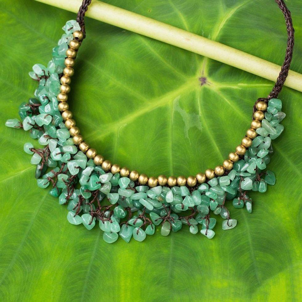Beaded Cord Necklace with Green Aventurine and Brass 'Garden Party'