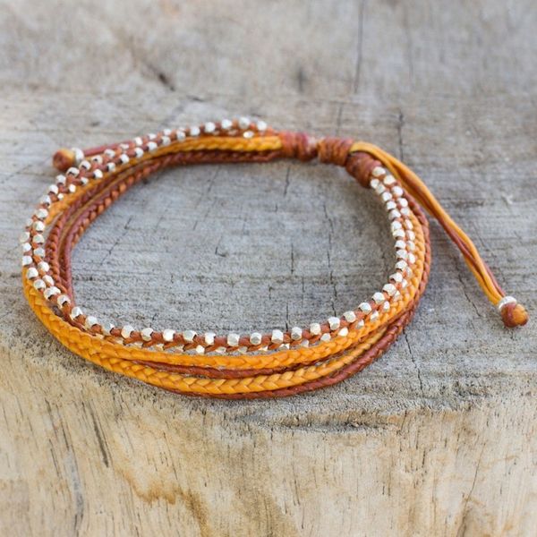 Alternate image for Silver Beads on Hand Braided Wristband Bracelet Warm Honey