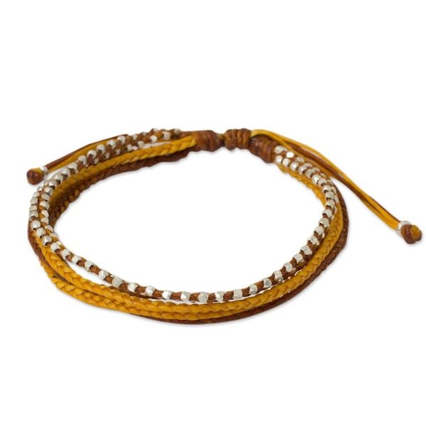 Alternate image for Silver Beads on Hand Braided Wristband Bracelet Warm Honey