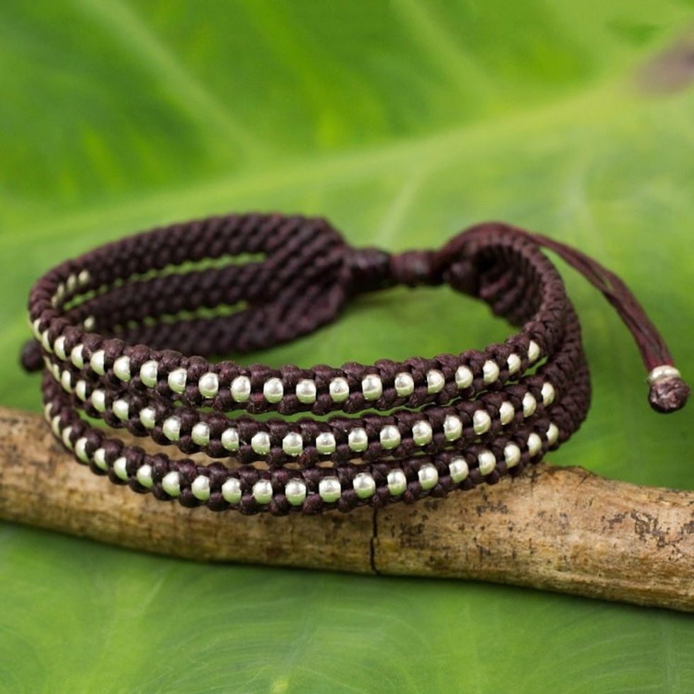 Artisan Crafted Maroon Wristband Bracelet with Silver Beads 'Dark Maroon Synergy'
