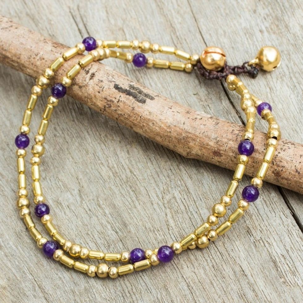 Handcrafted Purple Quartz and Brass Bead Anklet 'Golden Bell'