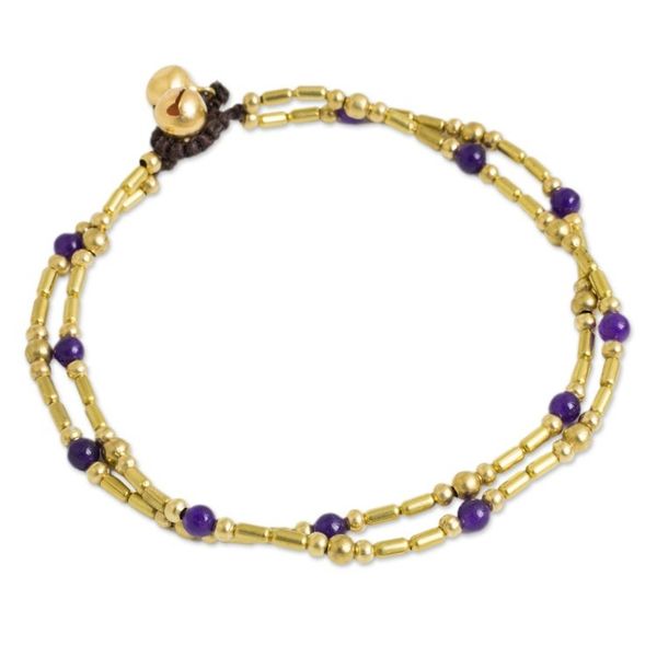Alternate image for Handcrafted Purple Quartz and Brass Bead Anklet Golden Bell