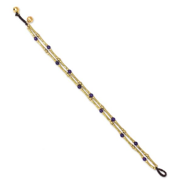 Alternate image for Handcrafted Purple Quartz and Brass Bead Anklet Golden Bell