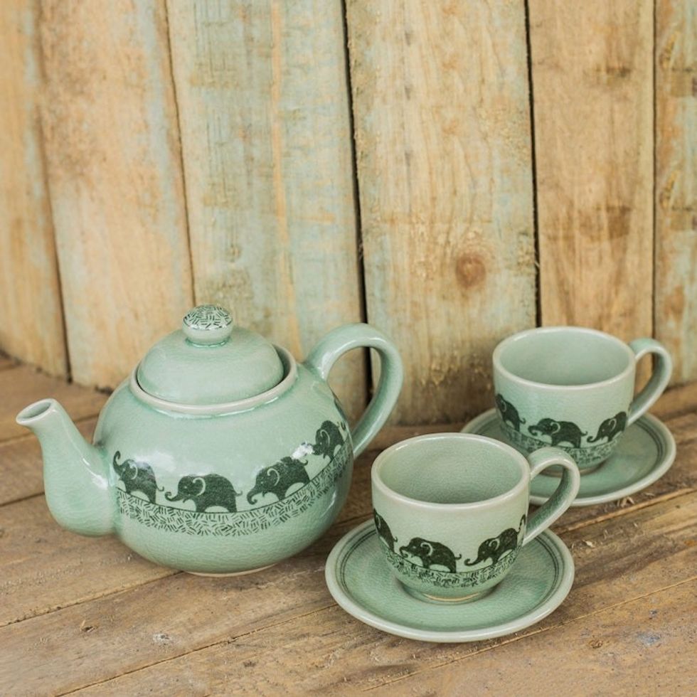 Elephant Themed Green Celadon Ceramic Tea Set Set for 2 'Happy Elephants'