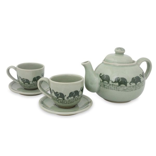 Alternate image for Elephant Themed Green Celadon Ceramic Tea Set Set for 2 Happy Elephants