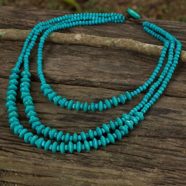 Alternate image for Blue Beaded Wood Waterfall Necklace Artisan Crafted Jewelry Happy Blue