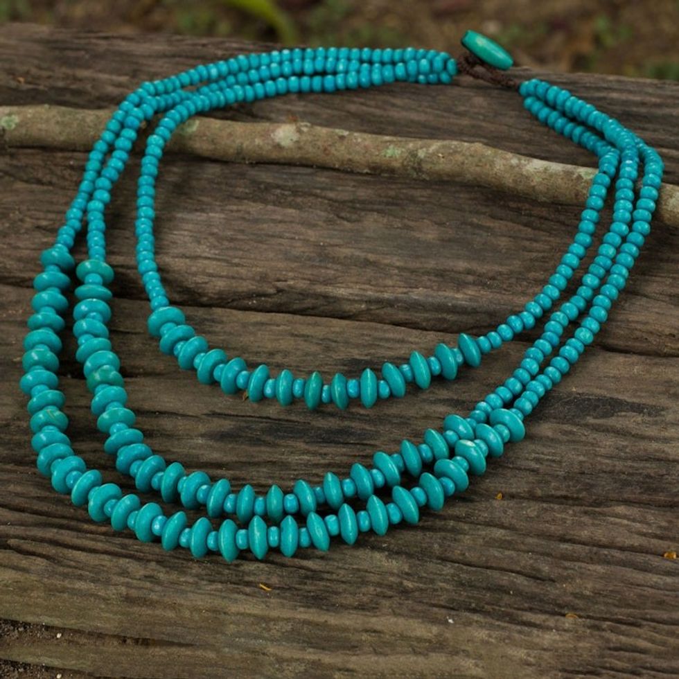 Blue Beaded Wood Waterfall Necklace Artisan Crafted Jewelry 'Happy Blue'
