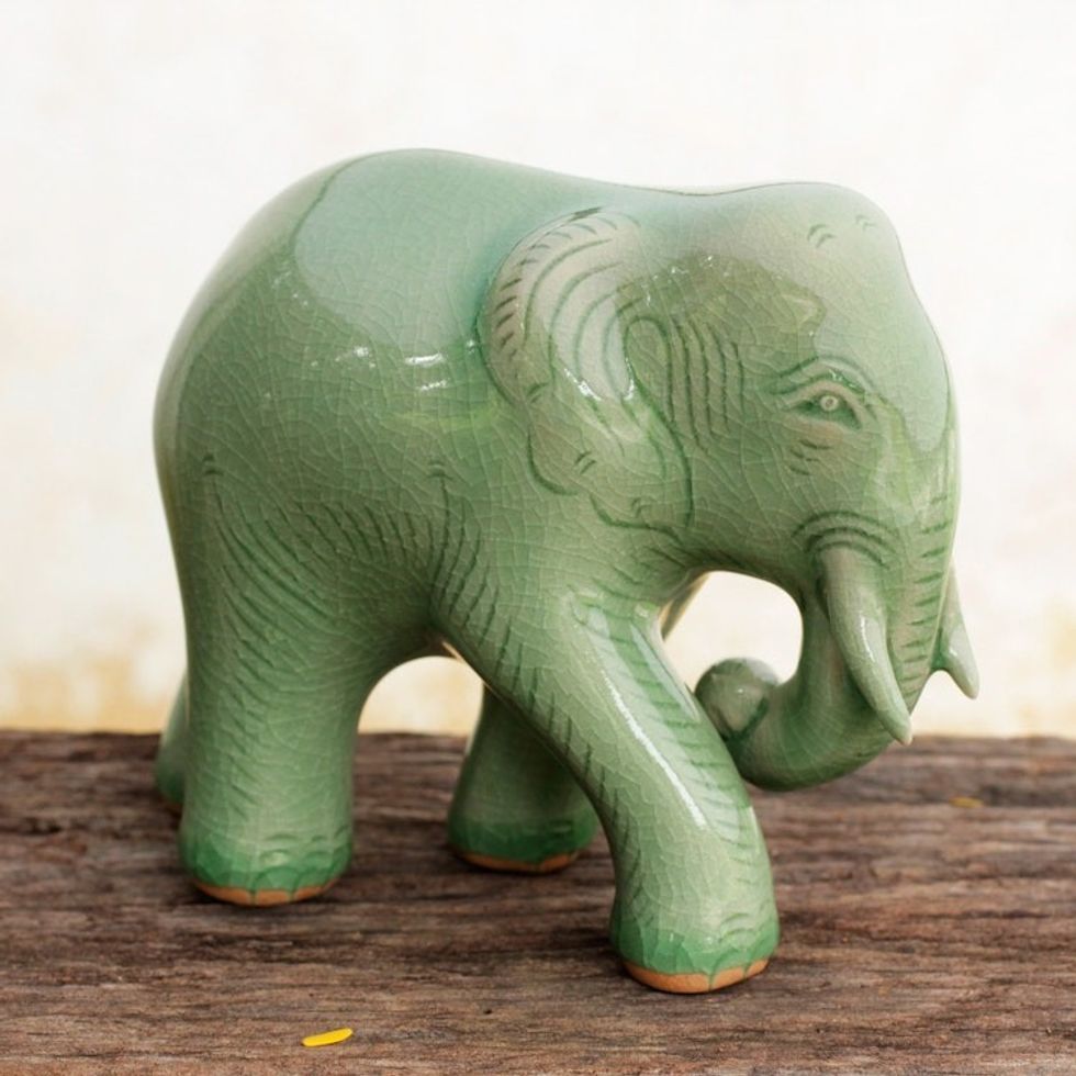 Celadon Ceramic Elephant Figurine by Thai Artisans 'Purposeful Elephant'