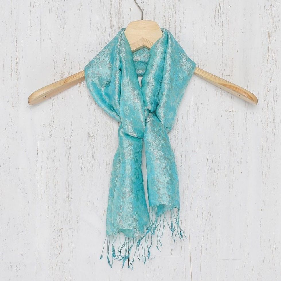 Aqua Floral Pattern Scarf from Thailand 'Aqua Bouquet'