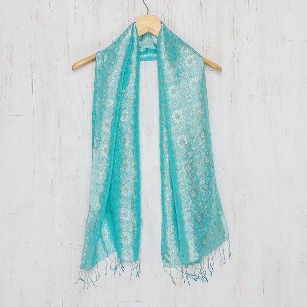 Alternate image for Aqua Floral Pattern Scarf from Thailand Aqua Bouquet