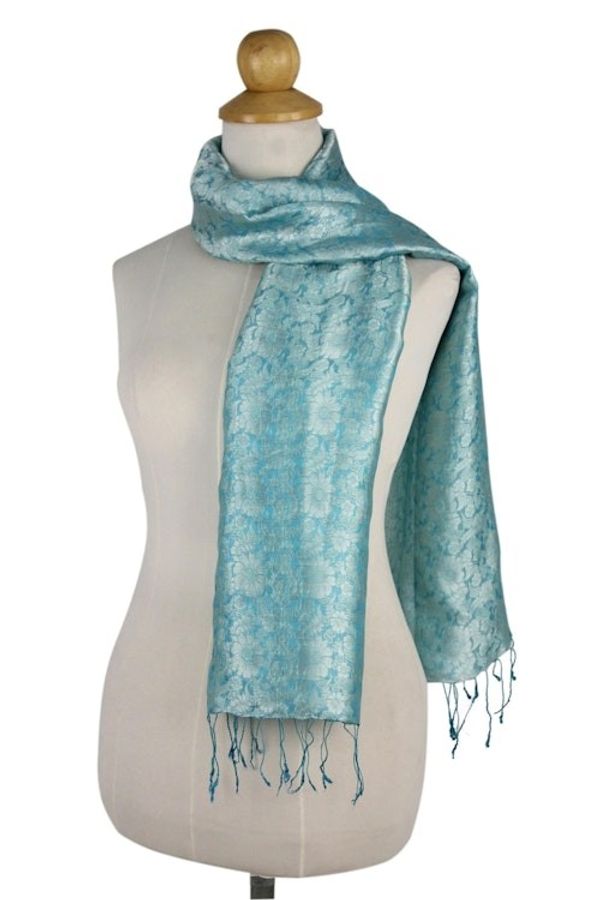 Alternate image for Aqua Floral Pattern Scarf from Thailand Aqua Bouquet