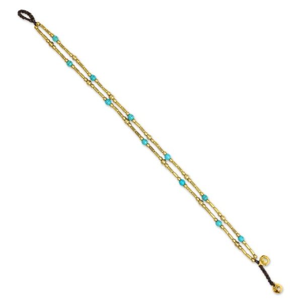 Alternate image for Thailand Blue Calcite Double Strand Brass Bead Anklet Golden Bell