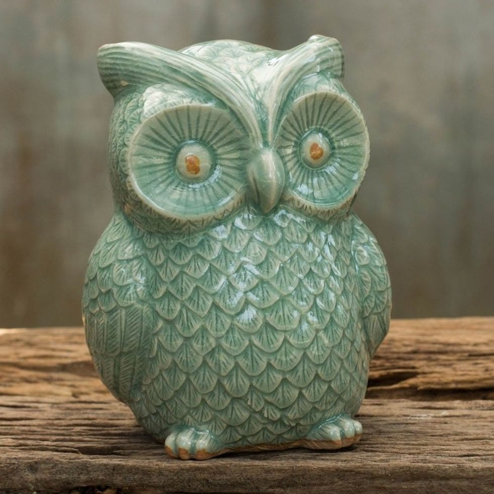Handcrafted Glazed Celadon Ceramic Owl Statuette 'Light Green Wise Owl'