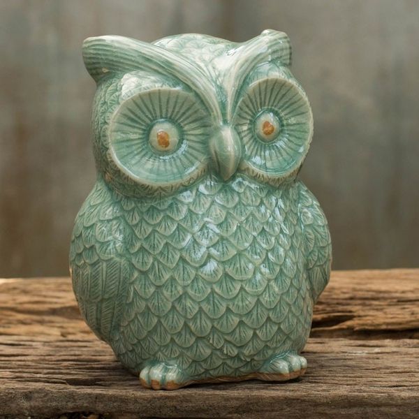 Alternate image for Handcrafted Glazed Celadon Ceramic Owl Statuette Light Green Wise Owl