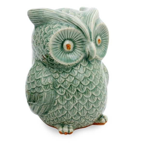 Alternate image for Handcrafted Glazed Celadon Ceramic Owl Statuette Light Green Wise Owl