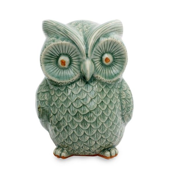 Alternate image for Handcrafted Glazed Celadon Ceramic Owl Statuette Light Green Wise Owl