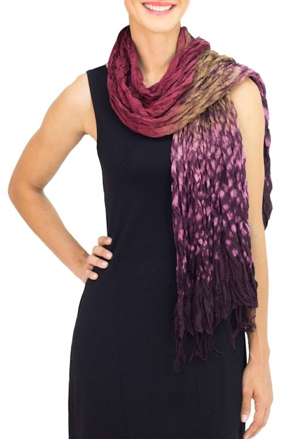 Hand Crafted Red-Purple Crinkled Scarf with Tie Dye Patterns 'Fabulous Orchid'