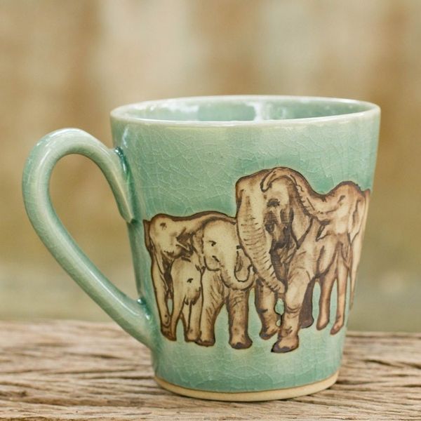Alternate image for Aqua Celadon Ceramic Mug with Hand Painted Elephants Cozy Family