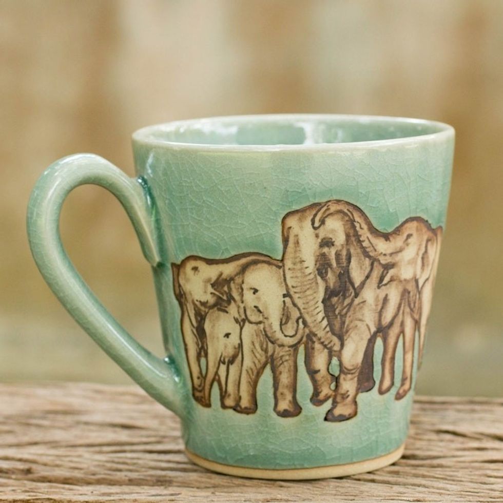 Aqua Celadon Ceramic Mug with Hand Painted Elephants 'Cozy Family'