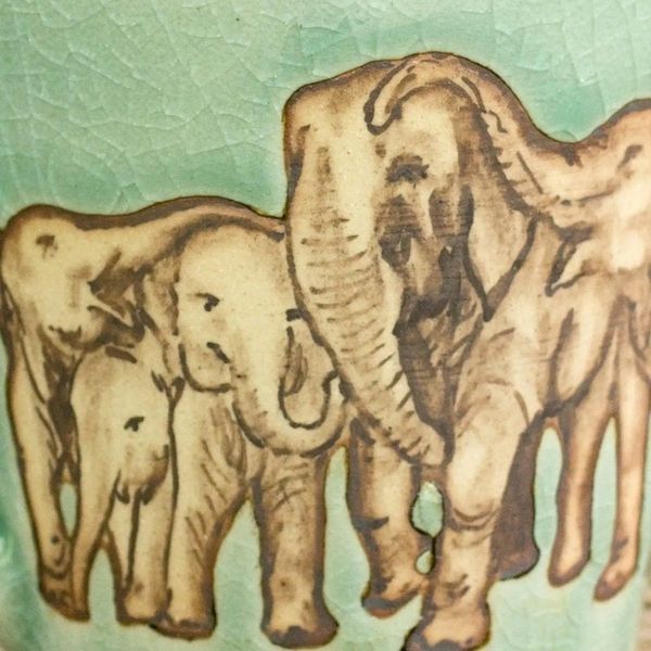 Alternate image for Aqua Celadon Ceramic Mug with Hand Painted Elephants Cozy Family