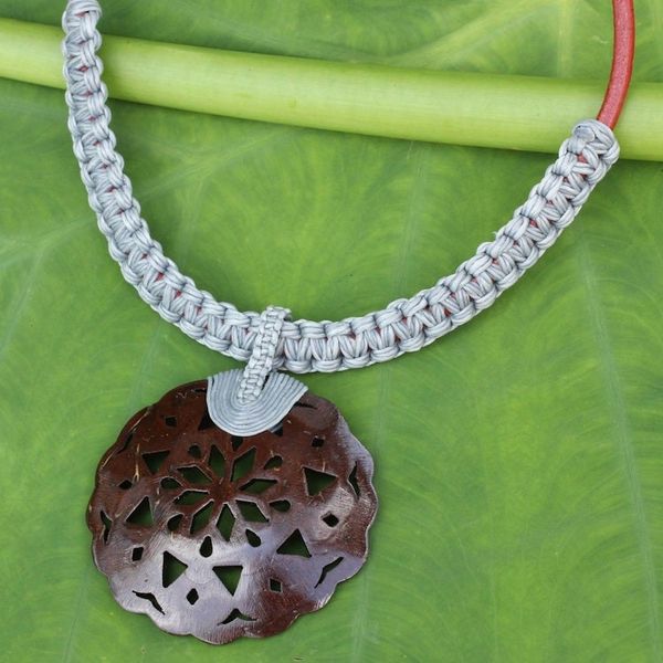 Alternate image for Coconut Shell Leather and Gray Macrame Pendant Necklace Charming Thailand in Gray