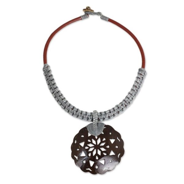 Alternate image for Coconut Shell Leather and Gray Macrame Pendant Necklace Charming Thailand in Gray
